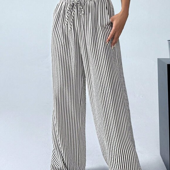 Black And White Casual Women's Striped & Printed Long Pants - Picture 4 of 5